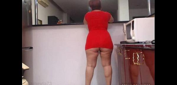  Red dress big ass on kitchen